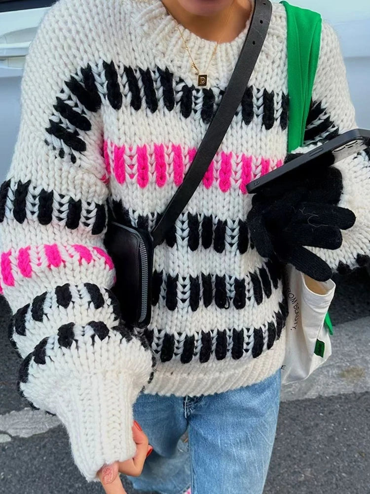 Women Multi Color Striped Thick Casual Round-neck Sweater Chunky Jumper Bold Black & Pink Stripes Winter Niche Design Knit Top