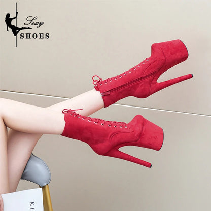 20CM Women ANKLE Boots 2025 Spring/Autumn Platform Red Flock High Heels Round Toe Thick Bottom Side Zipper Short Boots Female