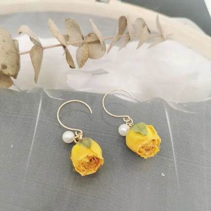 Unique Immortal Flower Earrings Elegant Natural Flower Pearl Drop Earrings Statement Jewelry Epoxy Resin Real Rose Earring 2024