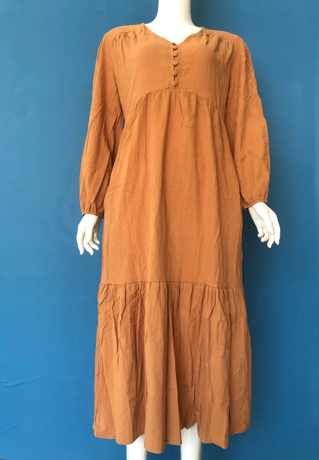 Autumn Winter Women's Clothing New Fashion Solid Color Button Cotton Linen Retro Casual Long Sleeved Dress Big Swing Long Skirt
