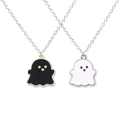 EtherealBe Halloween ghost pendant necklace in black and white with cute facial details