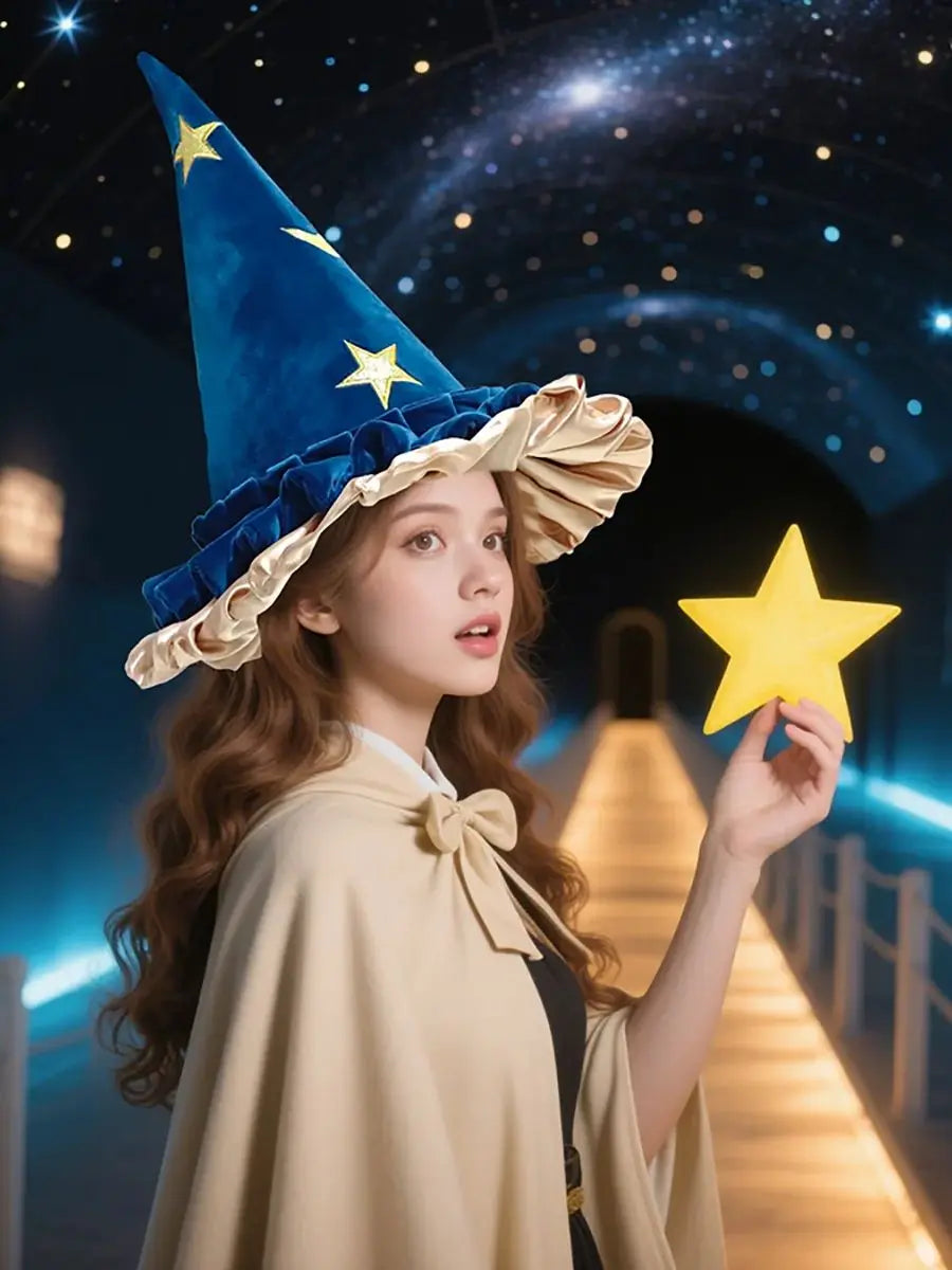 EtherealBe Halloween witch hat for women in blue with stars and ruffled trim, perfect for festive celebrations