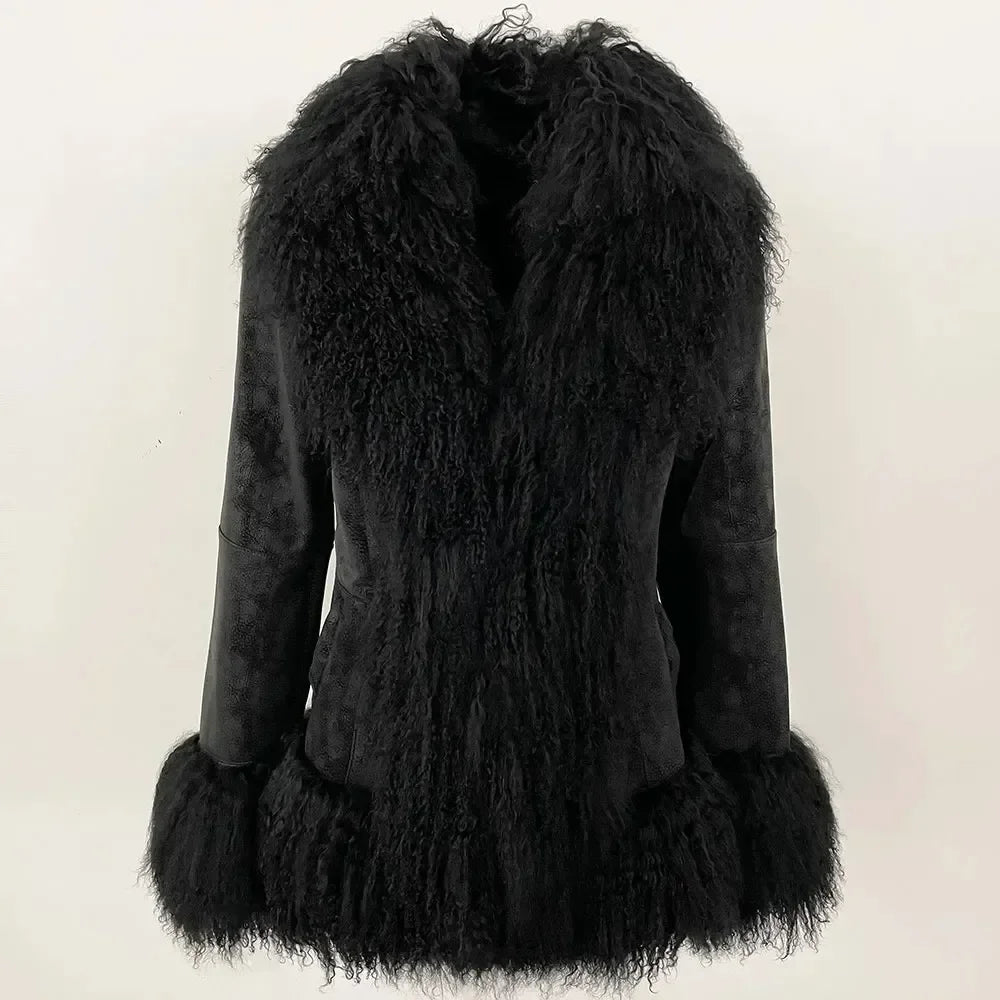 Autumn Winter Women Coat Real Natural Mongolia Sheep Fur Turn-down Collar New Fashion Jacket Thick Warm Casual Overwear
