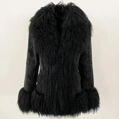 Autumn Winter Women Coat Real Natural Mongolia Sheep Fur Turn-down Collar New Fashion Jacket Thick Warm Casual Overwear
