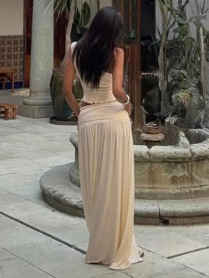 Nibber Solid Ruched Elegant 2 Piece Set Women Skew Collar Backless Crop Tops+Metal Buckle Decoration Skirts Matching Outfits