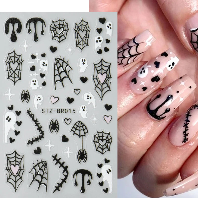Spooky Halloween Stickers For Nails Cartoon Ghost Spider Web Heart Designs Spider Bat Adhesive Decals Holiday Manicure Supplies