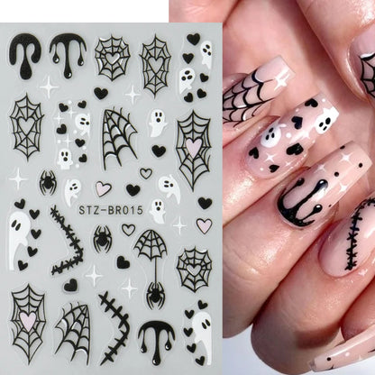 Spooky Halloween Stickers For Nails Cartoon Ghost Spider Web Heart Designs Spider Bat Adhesive Decals Holiday Manicure Supplies