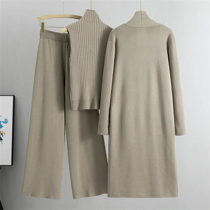 2025 Winter And Autumn Fashionable Elegant Women's Knitted 3-Piece Set cardigan Women's Sweater Women's Wide Leg Pants