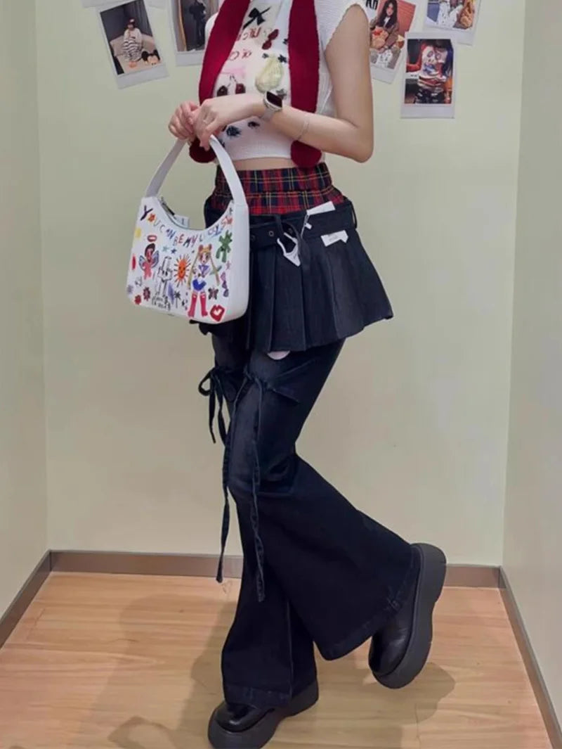 Autumn Winter Women's Denim Pants Slim Flared Jeans Fake Two Pieces Bell Bottom Jeans Abi Y2k Dark Academia Skinny Cyber Punk