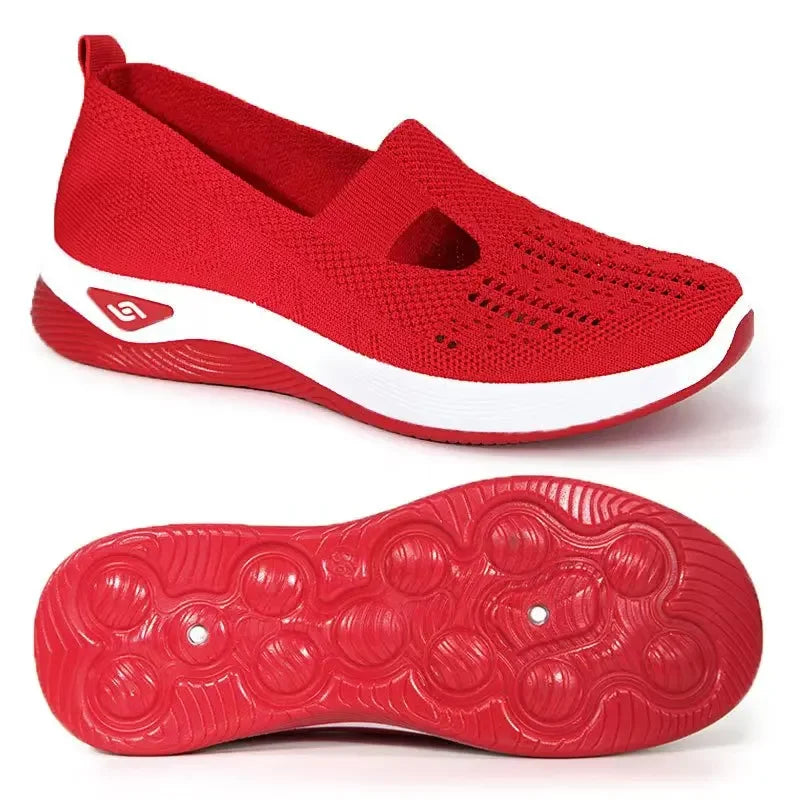 EtherealBe lightweight women's walking flats in red with breathable knit upper and flexible sole