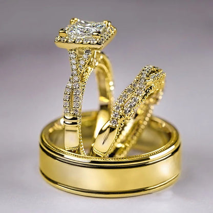 Charm Couple Rings Men Stainless Steel  Rhinestones Zircon Women Wedding Band  Set Valentine Day Jewelry