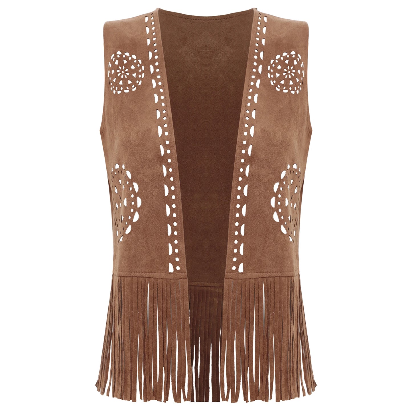 Womens Western Cowgirl Hippy Cosplay Costume Vintage Hollow Out Tassel Tank Tops Fringe Vest 70s Disco Faux Suede Waistcoat