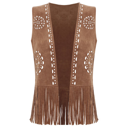 Womens Western Cowgirl Hippy Cosplay Costume Vintage Hollow Out Tassel Tank Tops Fringe Vest 70s Disco Faux Suede Waistcoat