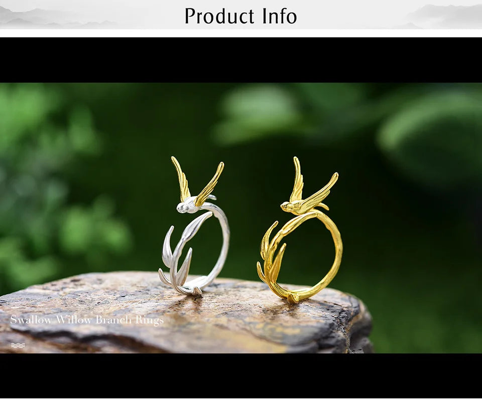 Lotus Fun 18K Gold Swallow Willow Branch Unusual Asymmetrical Rings for Women Real 925 Sterling Silver Original Fine Jewelry