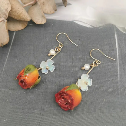 Unique Immortal Flower Earrings Elegant Natural Flower Pearl Drop Earrings Statement Jewelry Epoxy Resin Real Rose Earring 2024