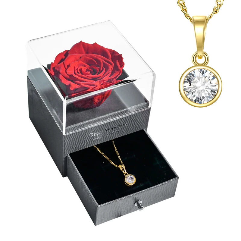 New Fashion Pendant Necklace In Rose Flower Jewelry Gift Box Preserved Rose Necklace Set Wedding Christmas Gift for Girlfriend