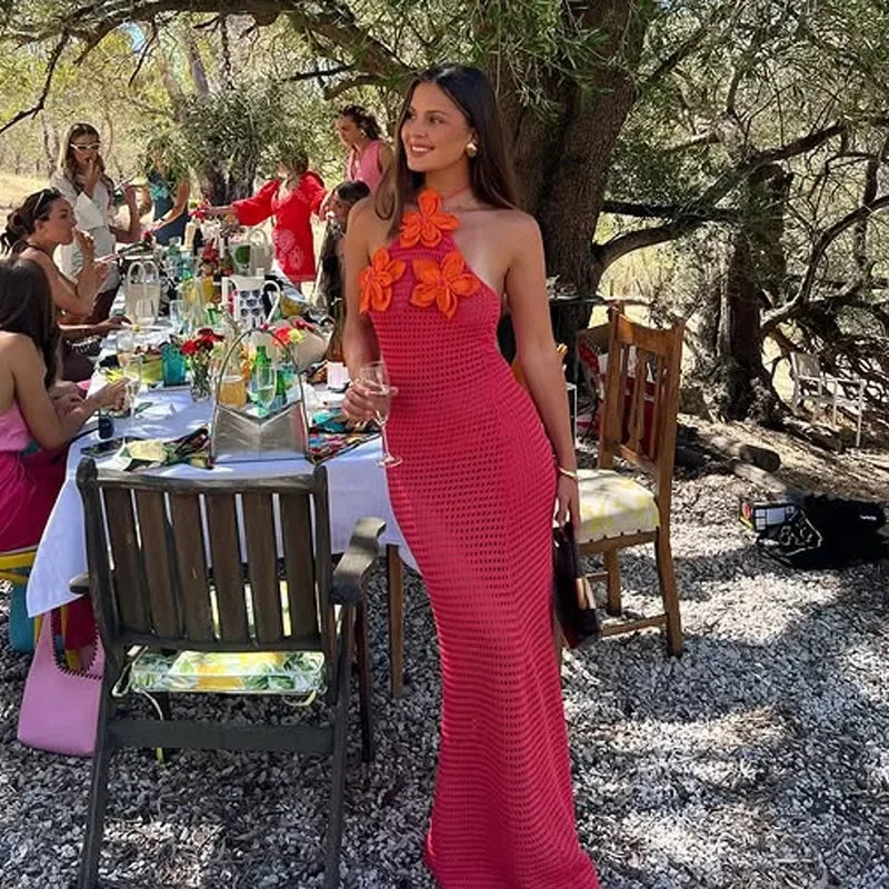 Sexy Crochet Hollow Out Long Halter Dress Women 3D Flower Backless Sleeveless Beach Dresses 2025 Summer Lady Vacation Robes New