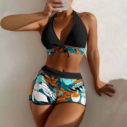 Women's Paneled Printed Swimsuit Ladies Fashion Sexy Split Boxer High Waist Swimsuit Two-Piece Set V-Neck Bathing Suits Female