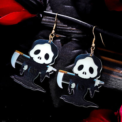 Unique EtherealBe Halloween earrings for women featuring spooky skull and scythe design