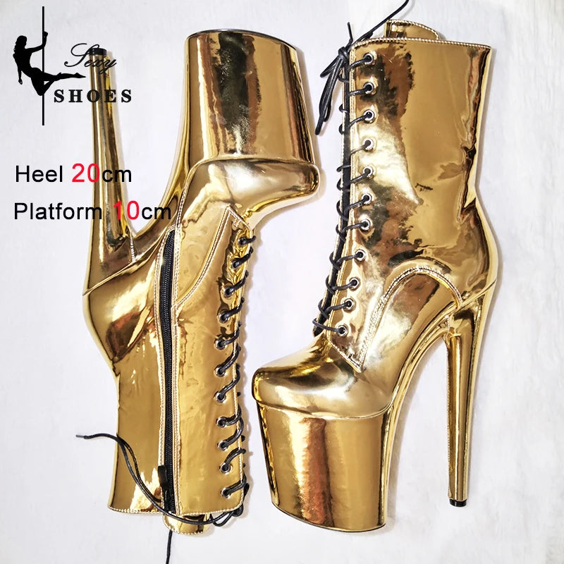 New Gold Shoes for Women 2025 Platform Heels Pole Dance Stripper 20cm/8Inch Sexy Ankle Boots Round ToeThin Heels Ladies Shoes