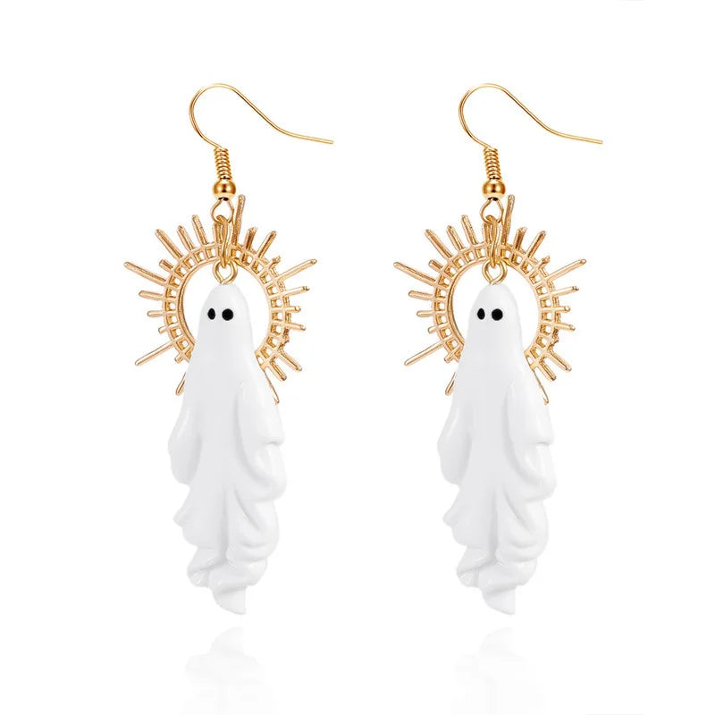 EtherealBe Halloween white ghost earrings with gold accents for festive style