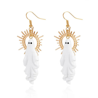 EtherealBe Halloween white ghost earrings with gold accents for festive style