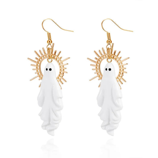 EtherealBe Halloween white ghost earrings with gold accents for festive style