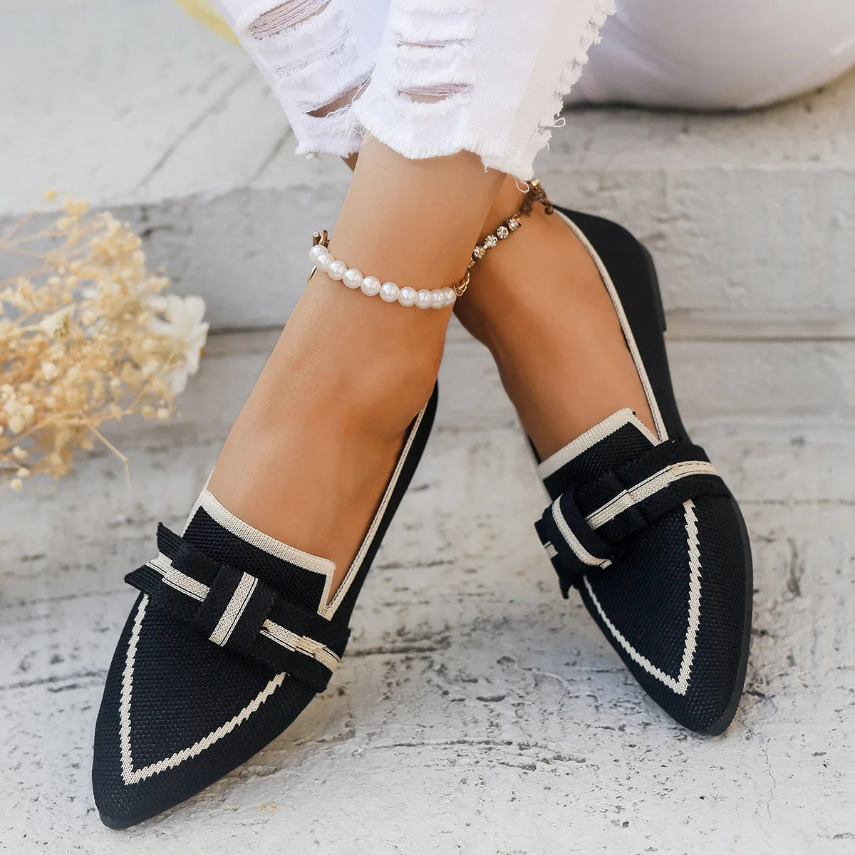 Women Flats 2024 New Knitted Slip Breathable Comfortable Solid Color Shoes Casual Pointed Toe Walking Loafers Sneakers Women