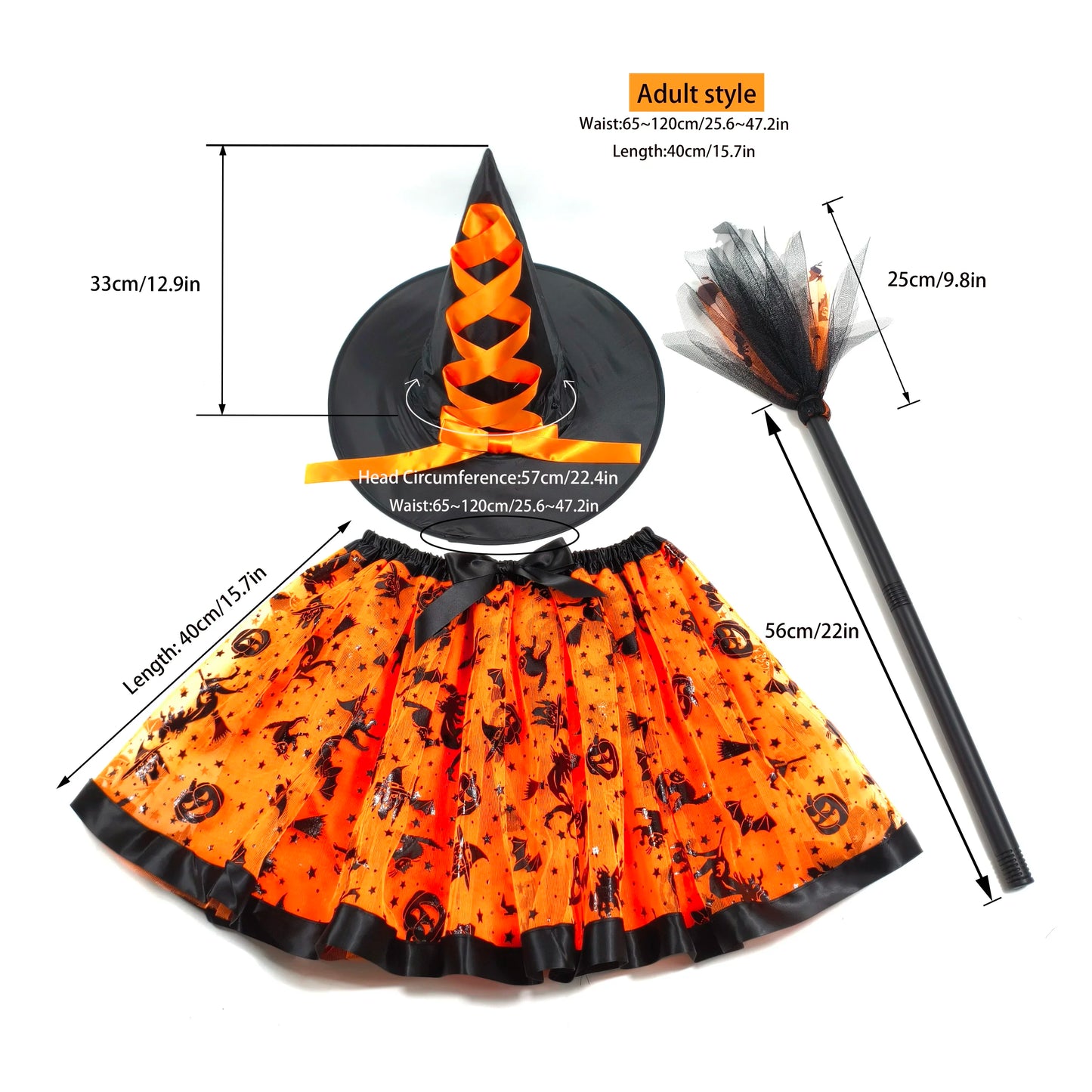 Halloween Adults Women Bat Pumpkin Witch Costume Set Tulle Skirt Hat Broom Skirt 3pcs/set,for Halloween Carnival Party Cosplay
