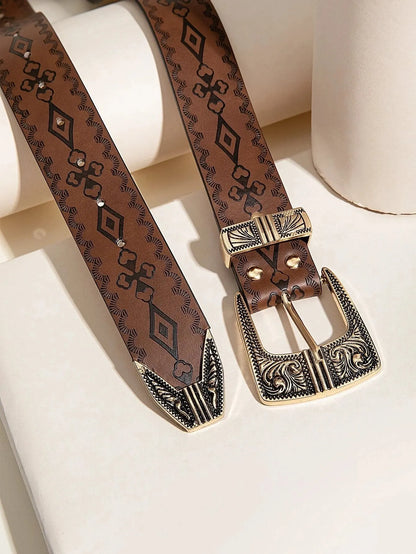 Vintage Carved Buckle PU Wide Belts Boho Brown Embossed Waistband Western Jeans Pants Belt Trendy Dress Coat Girdle For Women
