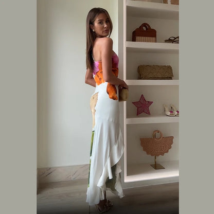 Retro Printed Strapless Long Dress Fashion Women's Sleeveless Off Shoulder Pleated Vestidos 2025 Summer Lady Beach Party Robes