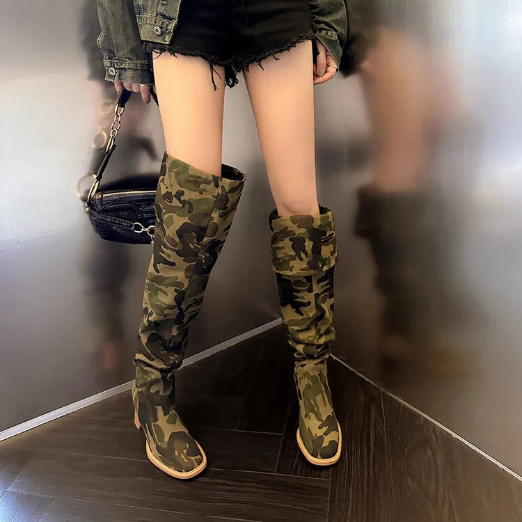 New Camouflage Denim Super Long Boots 34-42 Sewing 7cm Thick Heel Folding Over-the-Knee Boots Denim Blue Knee-High Women's Boots