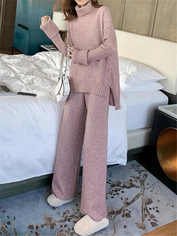 Autumn Winter 2 Pieces Women Sets Knitted Tracksuit 2025 New Turtleneck Sweater and Wide Leg Jogging Pant Pullover Suits