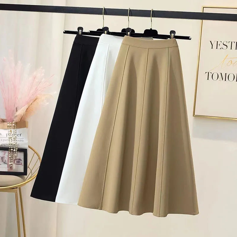 Lucyever Women Back Elastic Waist Mid-Calf Skirts Solid Color Casual Knee-Length A-Line Skirt Korean Summer Long Skirt Woman
