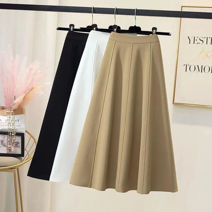 Lucyever Women Back Elastic Waist Mid-Calf Skirts Solid Color Casual Knee-Length A-Line Skirt Korean Summer Long Skirt Woman