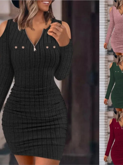 Fashion Woman Dress 2024 Autumn Winter Cold Off Shoulder Zipper Ribbed Casual Plain Long Sleeve Bodycon Mini A Line Dresses