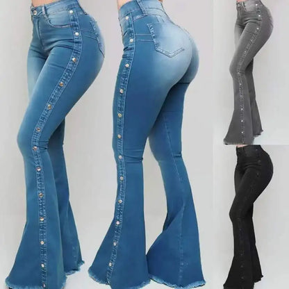 Jeans High Waist Strecth Denim Flare Pants Women Vintage Trousers Buttons Denims Streetwear 2024 Autumn Female Floor Length
