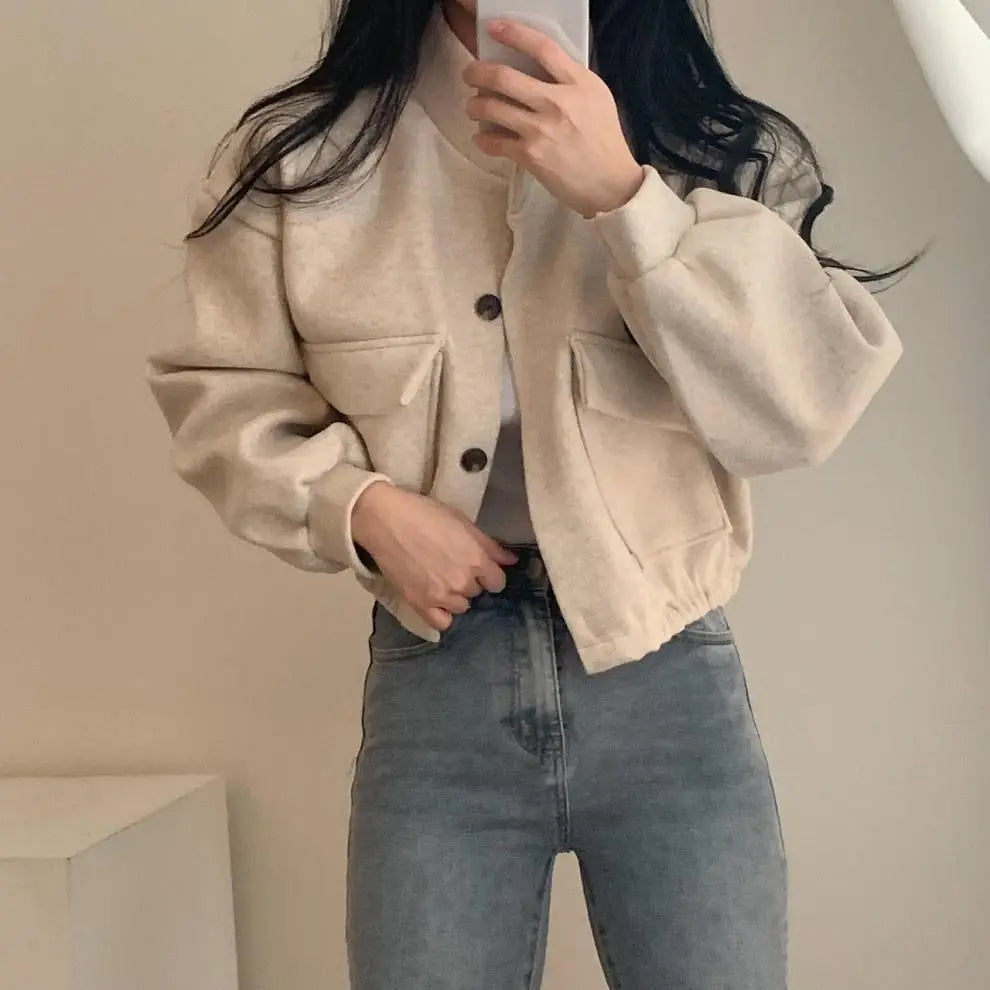 Autumn and Winter Loose Wool Coat for Women's Pocket Stand Collar Top Long Sleeve Button Hong Kong Style Wool Coat