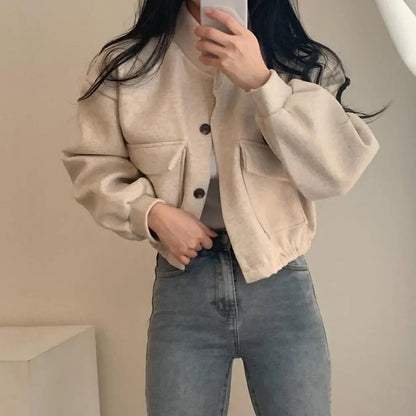 Autumn and Winter Loose Wool Coat for Women's Pocket Stand Collar Top Long Sleeve Button Hong Kong Style Wool Coat