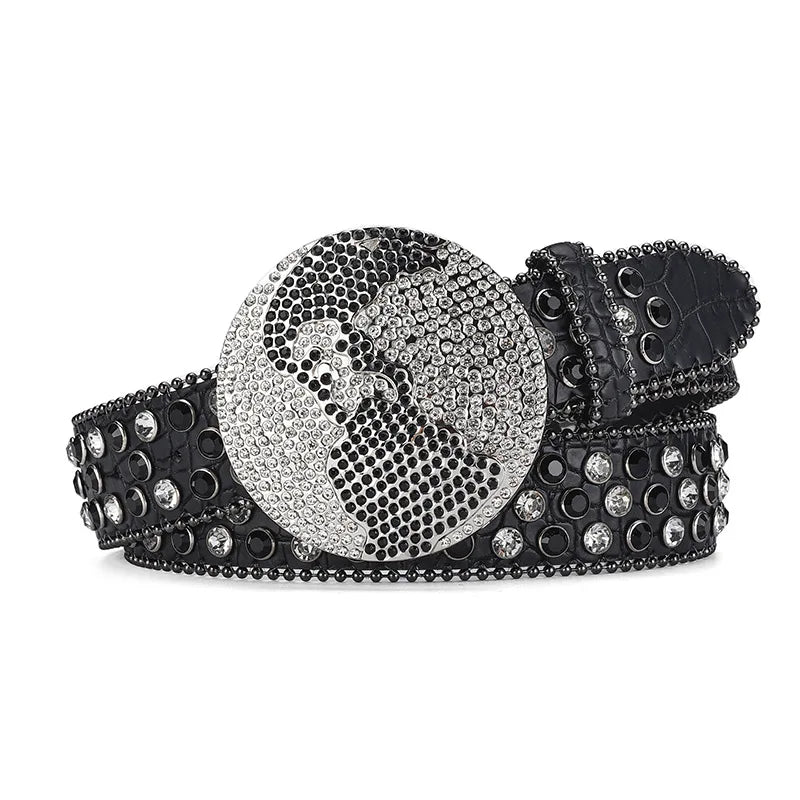 Western Leather belt BlingBling Diamond round buckle water Crystal diamond belt punk style Unisex PU Synthetic belt