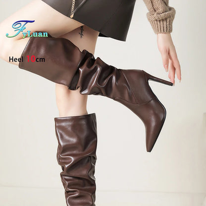 2025 Winter Knee Boots With Heels Woman 10CM Stiletto Fashion Slip on Pointy Autumn Shoes Women Soft Leather Pleated Long Boots