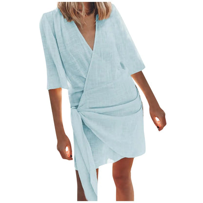 Cotton Linen Dresses Women'S Sexy V Neck Solid Color Pleated Swing Split Mini Dress Party Elegant Chic Vestidos For Womens