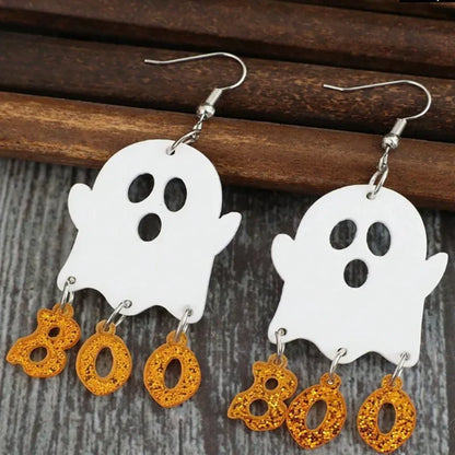 EtherealBe Halloween ghost earrings for women with glittery orange accents and hanging design