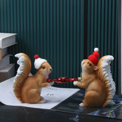 1 set of Christmas squirrels holding gifts and holiday decorations