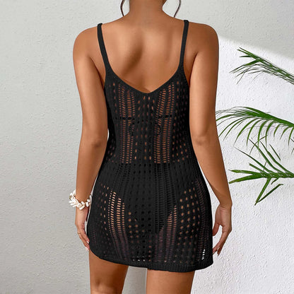 Women'S Sexy Sheer Knit Textured Crochet Overlay Spaghetti Strap Short Dress Beach Cover Women S Swim Cover Ups Halter Cover Up
