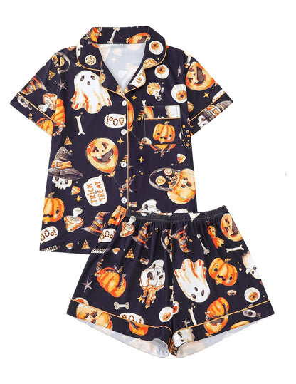 Women Halloween Pumpkin Bat Print Pajama Set,Breathable Lapel Loungewear Short-Sleeved Roll-Neck Shirt and Loose Shorts S-XXL