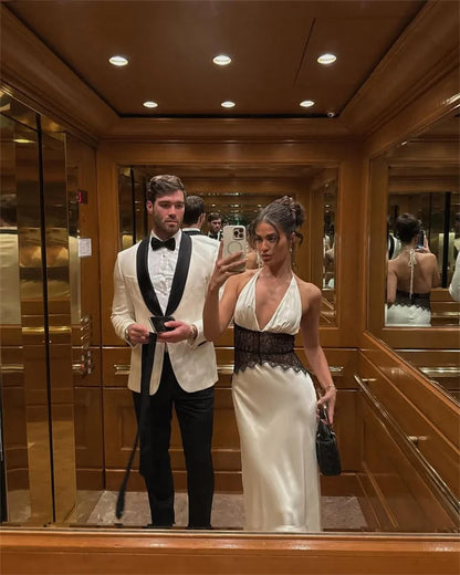 Mozision Summer Backless Sexy Maxi Dress Women Gown Patchwork Lace Halter Deep V Neck Sleeveless High Waist Elegant Long Dress