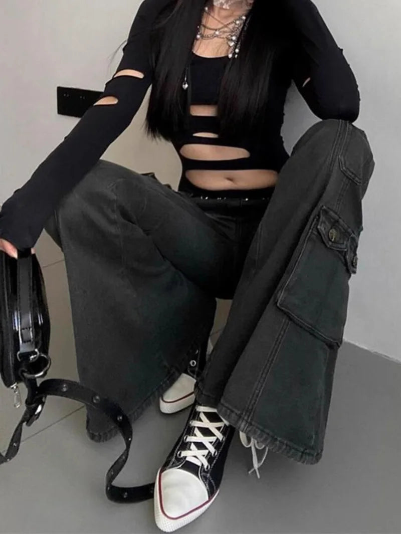 Women Dark Academia Gothic Grunge Low Waisted Cargo Flare Denim Pants Japanese Abi Y2k Harajuku Bell-Bottom Jeans Goblin Core