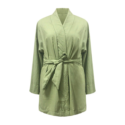 Women's Lace Up V-Neck Mini Dress 2025 New Cotton Linen Sashes Dresses Solid Long Sleeve Vestidos Loose Kimono Cardigan Dress