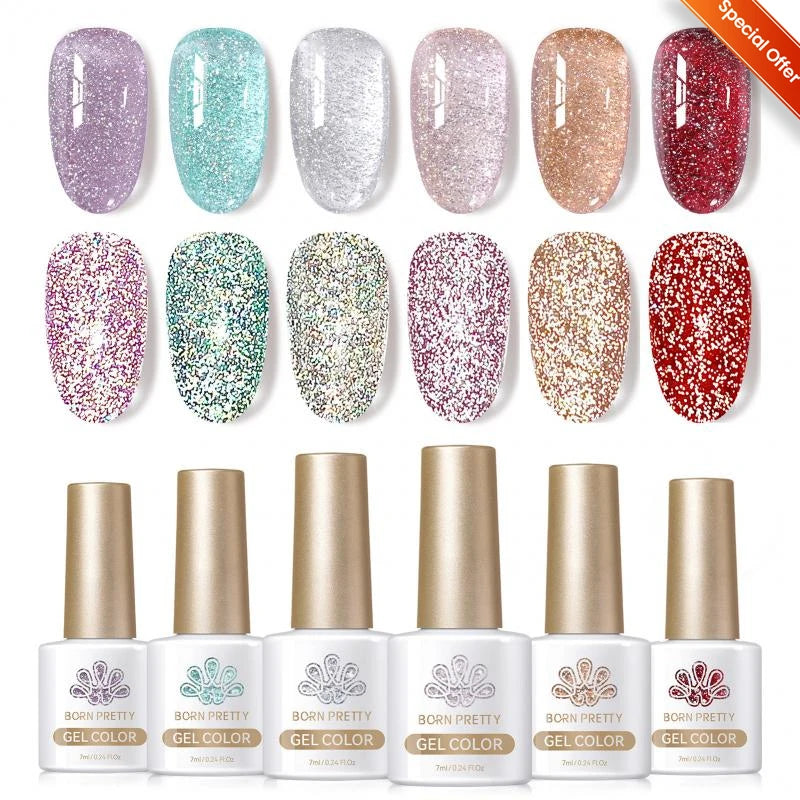BORN PRETTY 7ml Glitter Gel Nail Polish Set Sparkly Shiny Gold Silver Pink Glitter Gel Polish Kit Winter Christmas Gift Box